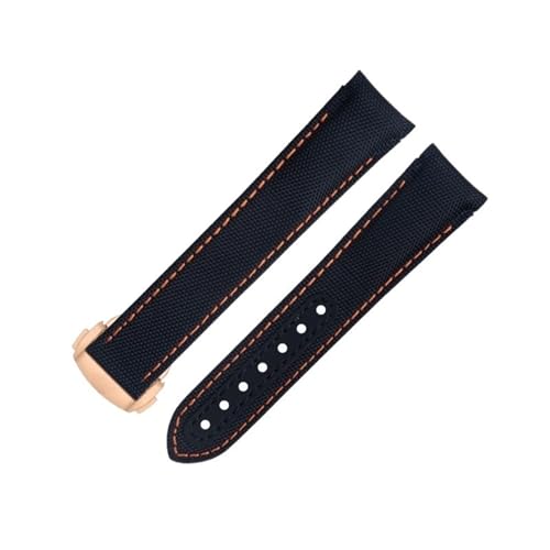 IRFKR Für Omega-Armband AT150 Seamaster 300 Planet Ocean De Ville Speedmaster Uhrenarmband mit gebogenem Ende, 20 mm, schwarz-orangefarbene Linie, hochdichtes Nylon-Rindsleder-Uhrenarmband(Blue 5) von IRFKR