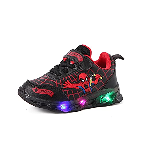 Spiderman Schuhe Leuchtschuhe Jungen Kinder LED Sportschuhe rutschfeste Leder wasserdicht Blink Turnschuhe Kleinkind Flash Schuhe (Color : Black, Size : 24) von IRON JF