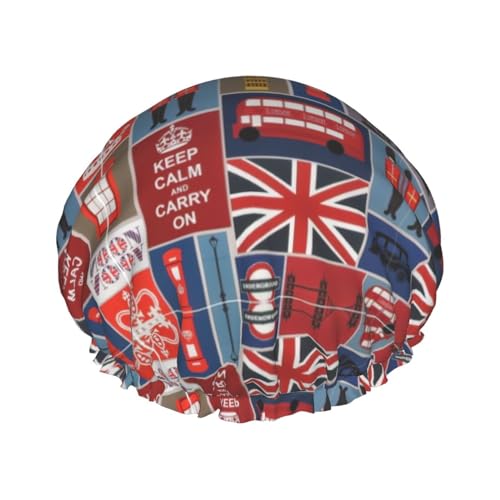 Doppelschichtige, wasserdichte Duschhaube für Damen, rutschfeste, sichere Passform, einfache Wartung und wiederverwendbar, England-Symbole von IRSHI