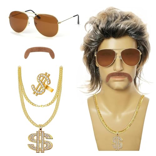 IRWOY 80er Jahre Vokuhila Perücke Herren Kostüm Zubehör: 5 Stück 70er 80er 90er Jahre Herren Vokuhila Perücke, Rock Star Cosplay Karneval Fasching Party Accessoires von IRWOY