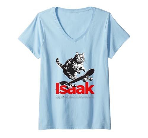 Damen ISAAK - Schöner Jungen Name mit Katze & Skateboard T-Shirt mit V-Ausschnitt Damen ISAAK - Schöner Jungen Name mit Katze & Skateboard T-Shirt mit V-Ausschnitt von ISAAK Sohn Enkel Geburtstag Geschenkideen