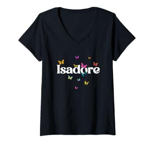 Damen Isadore - Schöner Mädchen Name mit bunten Schmetterlingen T-Shirt mit V-Ausschnitt von ISADORE Tochter Enkel Geburtstag Geschenkideen