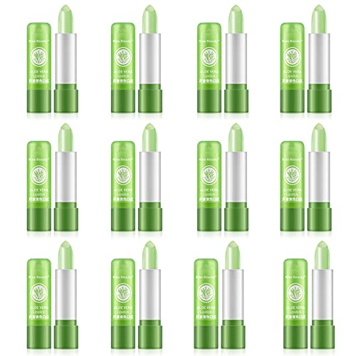 12 Stück Lippenbalsam Aloe Vera Jelly Lippenstift, Natürliche Grüner Magie Temperatur Farbwechsel Lippenstift, Lang anhaltendes Feuchtigkeitsspendendes Aloe Vera Lippenstift Set für Mädchen Geschenk von ISAKEN