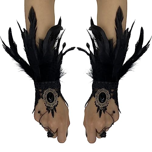 ISAKEN 1 Paar Feder Manschetten Damen Straußenfeder Federn Armband Frauen Fingerlose Handschuhe Kostümzubehör Federarmband für Halloween Game Party Kostüm Rollenspiel Party von ISAKEN