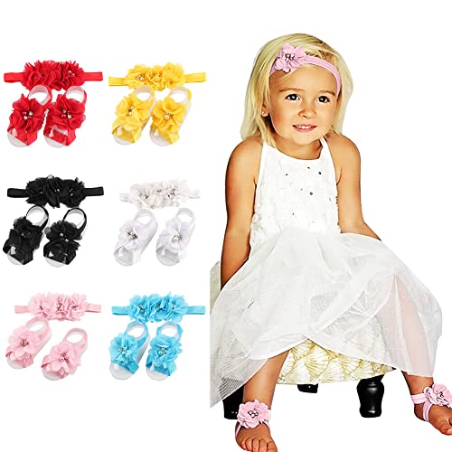 ISAKEN 12 Paar Neugeborenes Barfuß Sandalen Baby Mädchen Fuß Band Stirnband Set Blume Haarband Barfuß Sandalen Baby Füße Zubehör für Neugeborene Säuglinge Kleinkinder 0-3 Jahren von ISAKEN