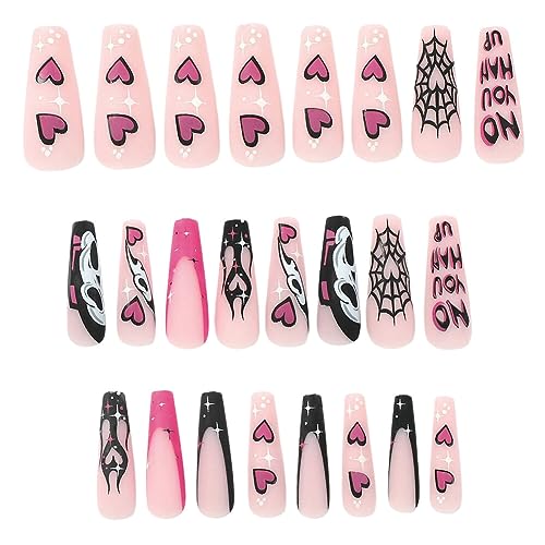 ISAKEN 24 Stück Halloween Falsche Nägel Kürbis Geisterdruck Süße Schädel Künstliche Nägel Press on Nails Schwarze Punk Schlange Gefälschte Sarg Nägel für Frauen Mädchen DIY Nail Art Zuhause von ISAKEN