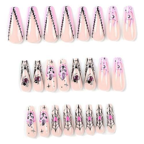 ISAKEN 24 Stück Halloween Falsche Nägel Kürbis Geisterdruck Süße Schädel Künstliche Nägel Press on Nails Schwarze Punk Schlange Gefälschte Sarg Nägel für Frauen Mädchen DIY Nail Art Zuhause von ISAKEN