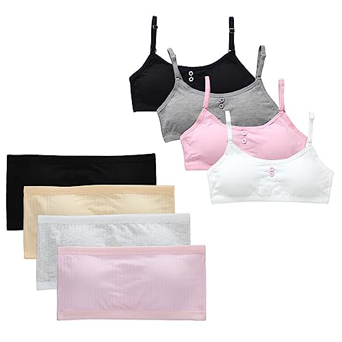 ISAKEN 8 Stück Mädchen Sport BH Trägerlos Gepolsterten BH Baumwolle Teenager Sport BH Tägliches Leben Training BH Weiches Bralette Crop Top für Mädchen Teenager 8-16 Jahre von ISAKEN