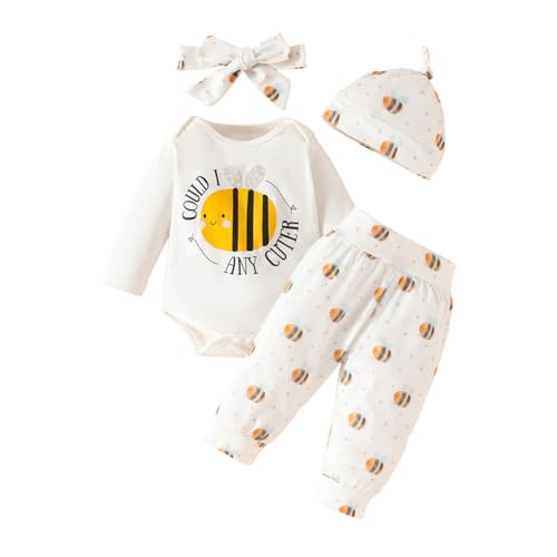 ISAKEN Baby Kleidung Outfit, Bienen Langärmeliger Strampler Hose Stirnband Hut Baby Mädchen Babykleidung Strampler Set für Neugeborene Baby Mädchen Kleinkinder von ISAKEN