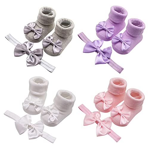 ISAKEN Baby Socken mit Stirnband, 4 Paar Neugeborenes Haarband Anti Rutsch Shoes Socken Kleinkinder Söckchen Haarband Kopfschmuck Geschenk für Baby Mädchen Taufe Hochzeit Party von ISAKEN