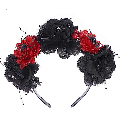 ISAKEN Damen Halloween Haarschmuck Rose Blumen Stirnband Stirnbänder Halloween Spinnen Haarreifen für Halloween Party Cosplay Kostüm Kopfschmuck Maskerade Dekoration Requisite von ISAKEN