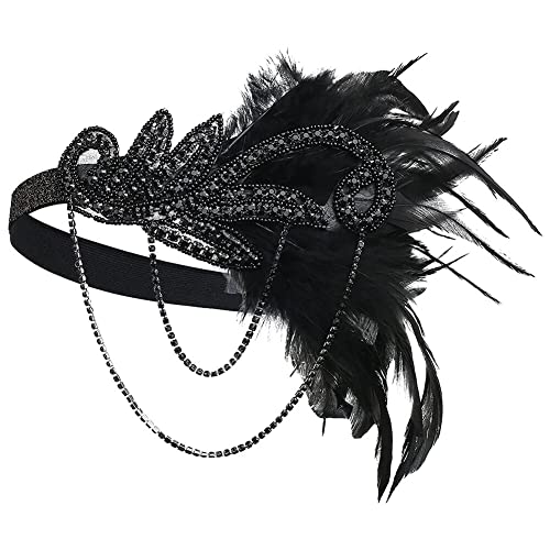 ISAKEN Federn Stirnband 1920er Jahre Damen Gatsby Haarbänd mit Kristall Strass Elastisch Haarband Haarschmuck Stirnbänder Kostümzubehör für Theme Party Hochzeit Burlesque Accessoire von ISAKEN