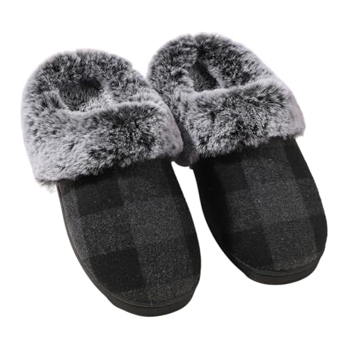 ISAKEN Fuzzy Pantoffeln, Männer Plüsch Warme Hausschuhe Runde Zehe Winter Wildleder Pantoffeln Pantoffeln kariert gemütlich weich Winterwarme Schuh für Winter und Herbst von ISAKEN