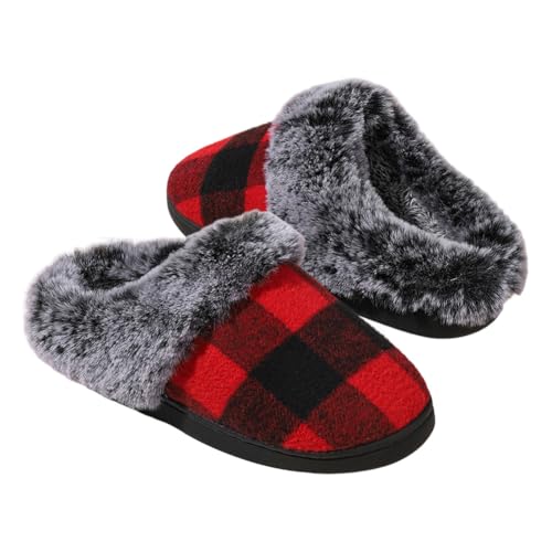 ISAKEN Fuzzy Pantoffeln, Männer Plüsch Warme Hausschuhe Runde Zehe Winter Wildleder Pantoffeln Pantoffeln kariert gemütlich weich Winterwarme Schuh für Winter und Herbst von ISAKEN