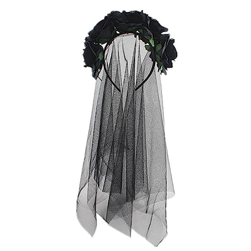 ISAKEN Halloween 2023 Tag der Toten, Rose Floral Crown Schleier Haarschmuck Stirnband Länge Haarreif Kopfschmuck Party Dekoration Gothic Hexen Kostüm für Halloween Karneval Fasching Cosplay von ISAKEN