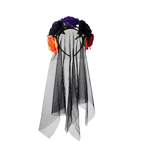 ISAKEN Halloween 2023 Tag der Toten, Rose Floral Crown Schleier Haarschmuck Stirnband Länge Haarreif Kopfschmuck Party Dekoration Gothic Hexen Kostüm für Halloween Karneval Fasching Cosplay von ISAKEN