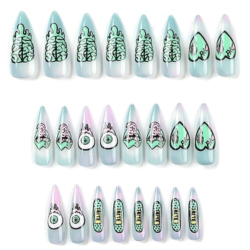 ISAKEN Halloween Falsche Nägel, 24 Stück Lustige Falsche Nägel Kürbis Schädel Künstliche Nägel Press on Nails Schwarze Punk Schlange Gefälschte Sarg Nägel für Frauen Mädchen DIY Nail Art Zuhause von ISAKEN