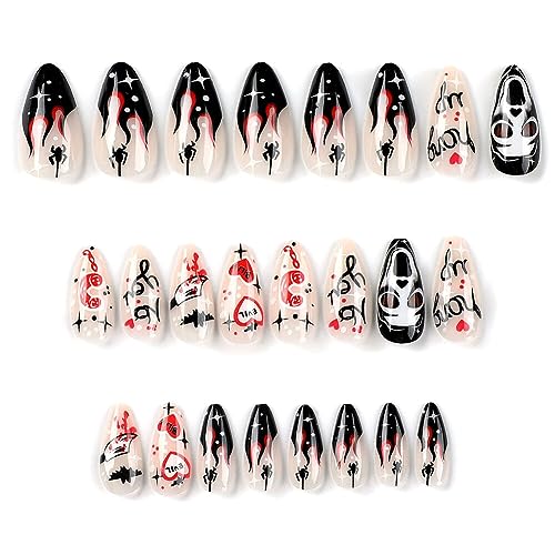 ISAKEN Halloween Falsche Nägel, 24 Stück Lustige Falsche Nägel Kürbis Schädel Künstliche Nägel Press on Nails Schwarze Punk Schlange Gefälschte Sarg Nägel für Frauen Mädchen DIY Nail Art Zuhause von ISAKEN