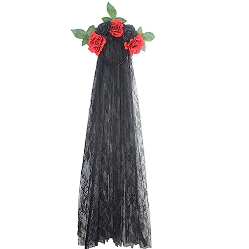 ISAKEN Halloween Tag der Toten für Haarreif, Damen Schwarz Schleier mit Schleier und Rose Stirnband Prinzessin Haarreifen Geister Kostümzubehör Tag der Toten Haarschmuck für Halloween Karneval Party von ISAKEN