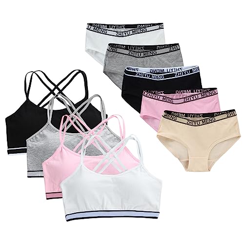 ISAKEN Mädchen Sport BHS und Unterhosen Set Soft Bra Baumwolle Bustier Unterwäsche Trainings-BH Teenager Taillenslips Panties Höschen für 8-16 Jahren von ISAKEN