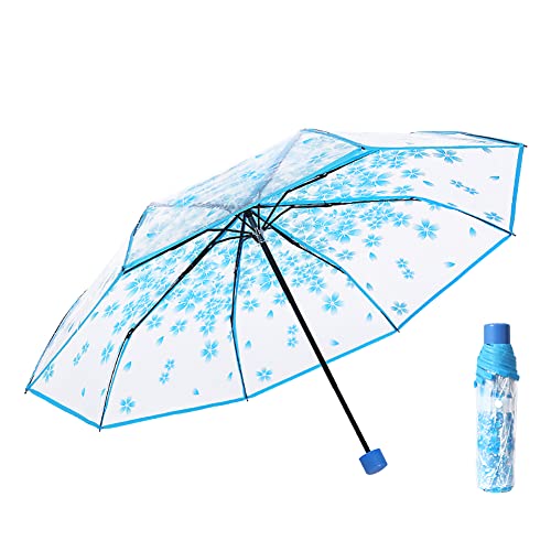 ISAKEN Transparent Regenschirm Damen Taschenschirme Durchsichtig Schirm Kirschblüte Stockschirm Sonnenschirm Klappschirme Blume Taschenschirm Kompakt für Winddicht, Regenschutz, Schatten von ISAKEN