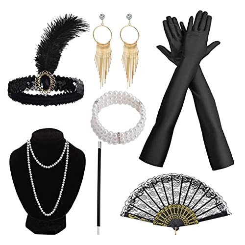 ISKAEN 1920er Flapper Zubehör Damen Feder Stirnband Kostüm Handschuhen Halskette Armband Ohrringen Spitze Faltfächer 20er Jahre Accessoires Flapper Great Gatsby Accessoires von ISAKEN