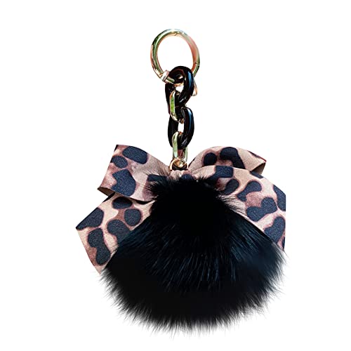 Pom Pom Schlüsselanhänger Damen Plüsch Schlüsselanhänger Bommel Keychain Anhänger mit Leopard Bowknot Plüschball Schlüsselringe Taschenanhänger Pom Pom Schlüsselbund für Handtasche Schlüssel Auto von ISAKEN