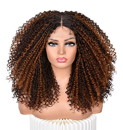 ISAMY Curly Lace Front Perücken für Schwarze Frauen 13x4 x1 HD T Part Lace Frontal Perücke Synthetisches Haar Vorgezupftes Deep Curly Wave Haar Curly Afro Perücke 17Inch (Ombre Braun) von ISAMY