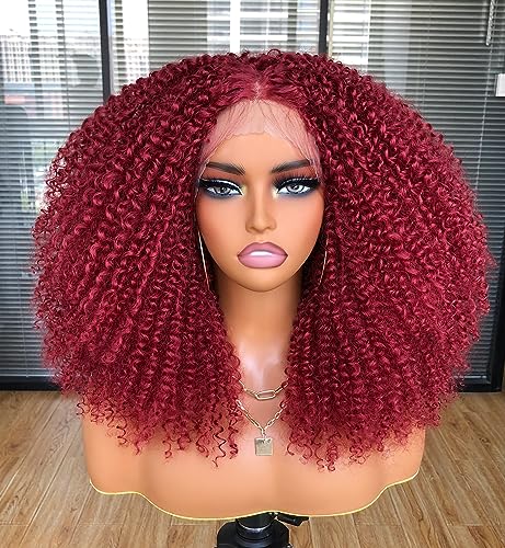 ISAMY Curly Lace Front Perücken für Schwarze Frauen 13x4 x1 HD T Part Lace Frontal Perücke Synthetisches Haar Vorgezupftes Deep Curly Wave Haar Curly Afro Perücke 17Inch (Rot) von ISAMY
