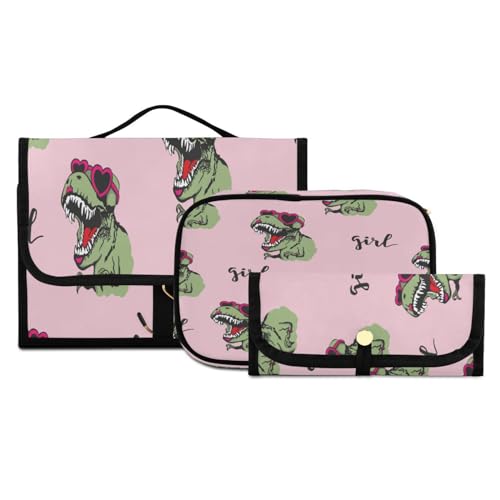 3-teiliges Kulturbeutel-Set zum Aufhängen mit Haken, Dinosaurier-T-Rex in rosa Sonnenbrillen, Reise-Make-up-Kit, tragbarer Kulturbeutel, Kosmetikpinsel-Organizer für Frauen und Mädchen, #07, von ISAOA
