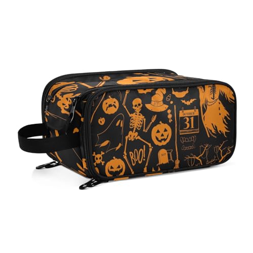 Halloween Geist Kürbisse Schädel Set Reise Kulturbeutel für Frauen Mädchen Männer Tragbare Wasserdichte Waschtasche Kosmetiktasche Make-up Fall, #1, Einheitsgröße, Beauty Case von ISAOA