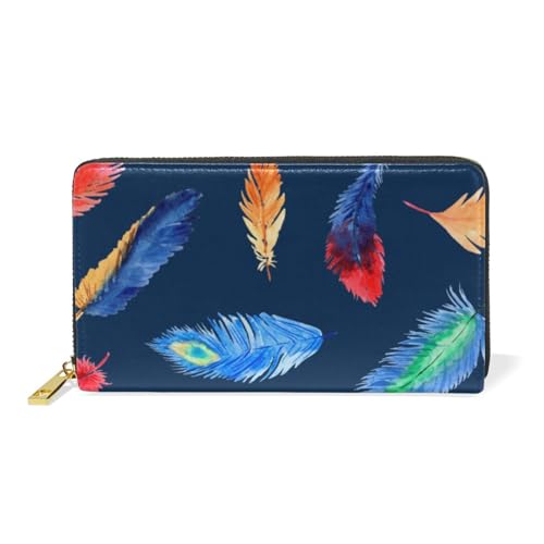 ISAOA Aquarell-Geldbörse mit bunten Federn, Leder, multifunktional, mit Reißverschluss, Clutch, großes Fassungsvermögen, Kartenhalter, 19 cm, #01, Einheitsgröße, modisch von ISAOA