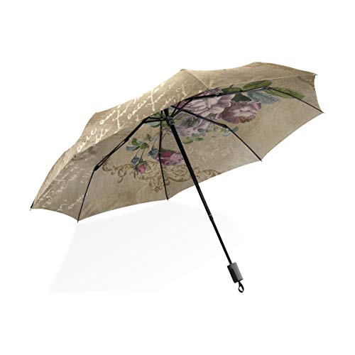 ISAOA Automatischer Reise-Regenschirm, kompakt, faltbar, Retro-Buchstabe mit Rosen, winddicht, ultraleicht, UV-Schutz, Regenschirm für Damen und Herren von ISAOA