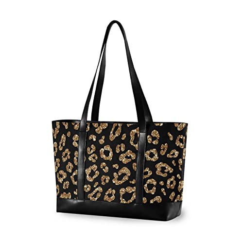 ISAOA Damen-Handtasche, Gold-Glitzer, Leopardenmuster, Laptop-Tragetasche, Rei?verschluss, Reise-Schultertasche, Einkaufstasche, 39,6 cm von ISAOA