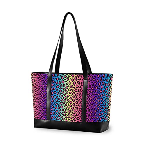 ISAOA Damen-Handtasche, Neon-Regenbogen-Leoparden-Geparden-Laptop-Tragetasche, Rei?verschluss, Umh?ngetasche, Einkaufstasche, 39,6 cm von ISAOA