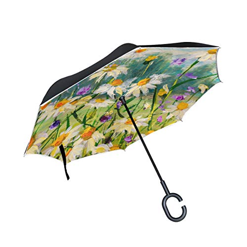 ISAOA Doppelschichtiger umgekehrter Regenschirm, selbststehend und innen au?en, Auto-Regenschirm, lgem?lde von wei?en G?nsebl¨¹mchen, Winddicht, Regen umgekehrter Regenschirm mit UV-Schutz von ISAOA