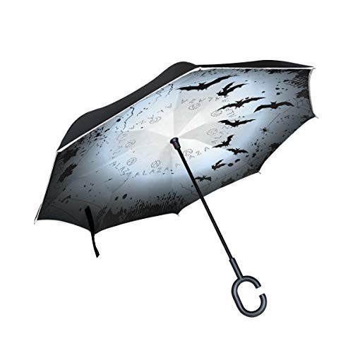 ISAOA Doppelschichtiger umgekehrter Regenschirm,Auto-Regenschirm,Halloween-Hintergrund mit Vollmond und Fledermäusen,Winddicht,Regen umgekehrter Regenschirm mit UV-Schutz von ISAOA