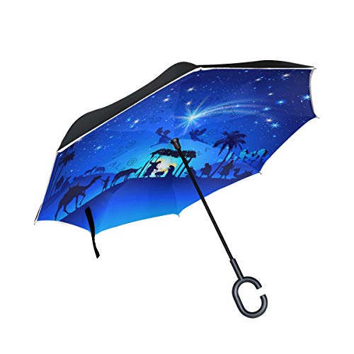 ISAOA Doppelschichtiger umgekehrter faltbarer Regenschirm, selbststehend, frei stehend, Autoschirm, Weihnachts-Krippe, winddicht, UV-Schutz, gro?er gerader Regenschirm von ISAOA