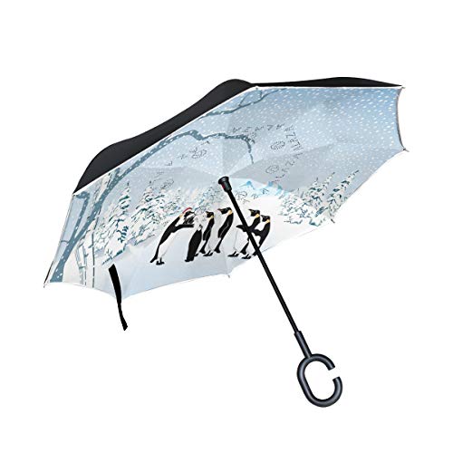 ISAOA Doppelschichtiger umgekehrter faltbarer Regenschirm, selbststehend, frei stehend, Autoschirm, Winterlandschaft, Pinguin, Weihnachten, winddicht, UV-Schutz, gro?er gerader Regenschirm von ISAOA