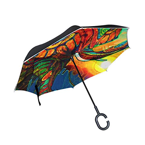 ISAOA Doppelschichtiger umgekehrter faltbarer Regenschirm, selbststehender und umgekehrter Autoschirm, Elefanten-Fantasie, winddichter Regenschirm, mit UV-Schutz von ISAOA