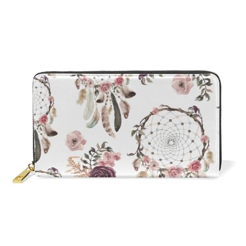 ISAOA Dream Catchers and Flowers_178053294_Original Leder-Geldbörse, Multifunktions-Handtasche, Reißverschluss, Clutch, großes Fassungsvermögen, Kartenhalter, 19 cm, #01, Einheitsgröße, modisch von ISAOA