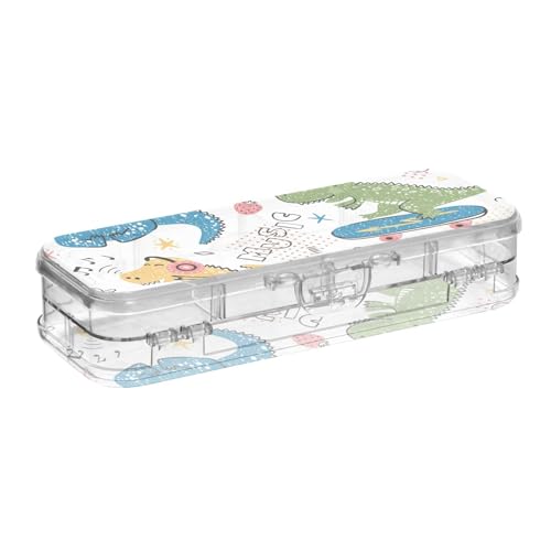 ISAOA Federmäppchen, Dinosaurier-Musik-Cartoon-Tier-Bleistift-Box mit Schnappdeckel, doppelstöckiges transparentes Schreibwaren-Federmäppchen mit 4 Linealen, zur Unterteilung von Stiften, Organizer von ISAOA