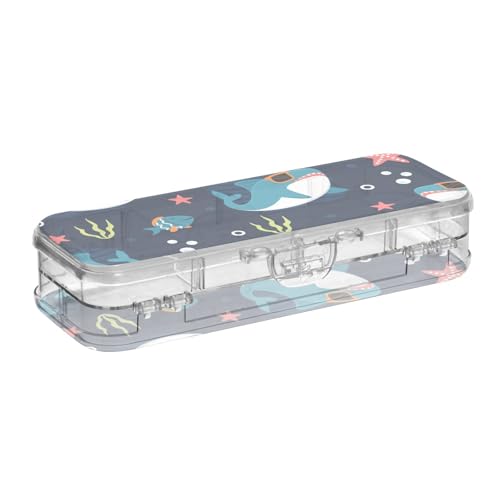 ISAOA Federmäppchen, coole Hai-Cartoon-Bleistiftbox mit Schnappdeckel, doppelstöckiges transparentes Schreibwaren-Federmäppchen mit 4 Linealen, zur Unterteilung von Stiften, Organizer für Schule, Büro von ISAOA