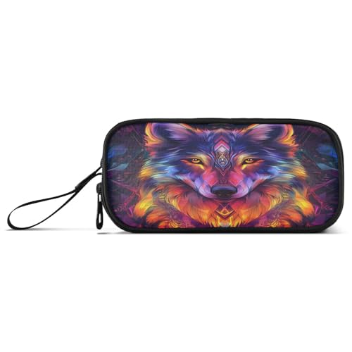 ISAOA Federmäppchen, großes Fassungsvermögen, Federmäppchen mit 3 Fächern, Schreibwaren-Tasche, bunter heller Wolf, für Schule und Büro von ISAOA