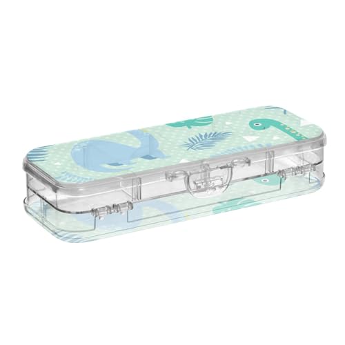 ISAOA Federmäppchen, lustige Dinosaurier, grüne Blätter, Stiftebox mit Schnappdeckel, doppelstöckiges transparentes Schreibwaren-Federmäppchen mit 4 Linealen, Fächer, Stiftaufbewahrung, Organizer für von ISAOA