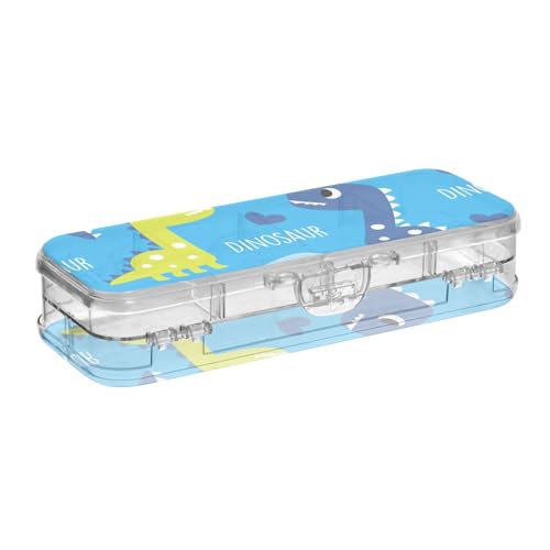 ISAOA Federmäppchen, nahtlos, Dinosaurier mit Herzen, blaue Stiftebox mit Schnappdeckel, doppelstöckiges transparentes Schreibwaren-Federmäppchen mit 4 Linealen, Fächer, Stiftaufbewahrung, Organizer von ISAOA