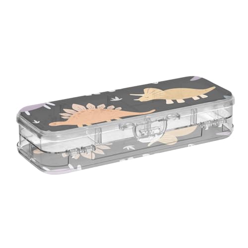 ISAOA Federmäppchen, niedliche Dinosaurier und tropische Pflanzen, Stiftebox mit Schnappdeckel, doppelstöckiges transparentes Schreibwaren-Federmäppchen mit 4 Linealen, Fächer, Stiftaufbewahrung von ISAOA