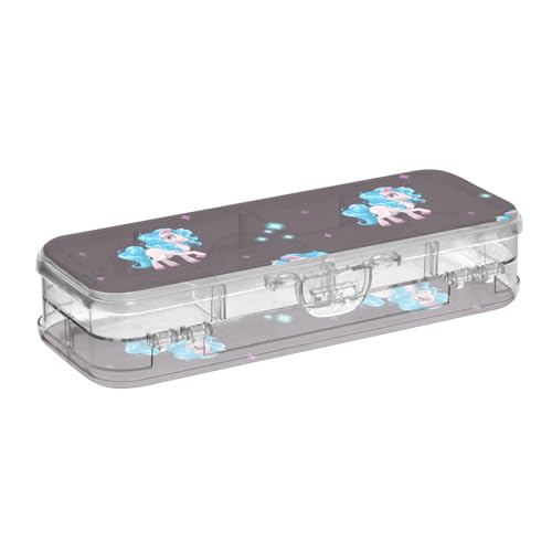 ISAOA Federmäppchen, niedliches weißes Cartoon-Pferd-Einhorn-Bleistift-Box mit Schnappdeckel, doppelstöckiges transparentes Schreibwaren-Federmäppchen mit 4 Linealen, zur Unterteilung von Stiften von ISAOA