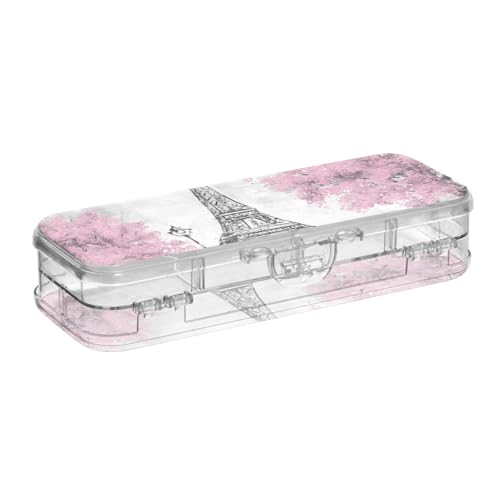 ISAOA Federmäppchen, romantischer Eiffelturm, schwarz-weiß und rosa, Stiftebox mit Schnappdeckel, doppelstöckiges transparentes Schreibwaren-Federmäppchen mit 4 Linealen, Trennung, Stift-Aufbewahrung von ISAOA