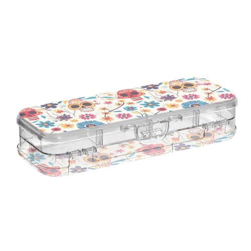 ISAOA Federmäppchen Dia De Los Muertos Stiftebox mit Schnappdeckel, doppelstöckiges transparentes Schreibwaren-Federmäppchen mit 4 Linealen, Trennung, Stiftaufbewahrung, Organizer für Schule, Büro von ISAOA